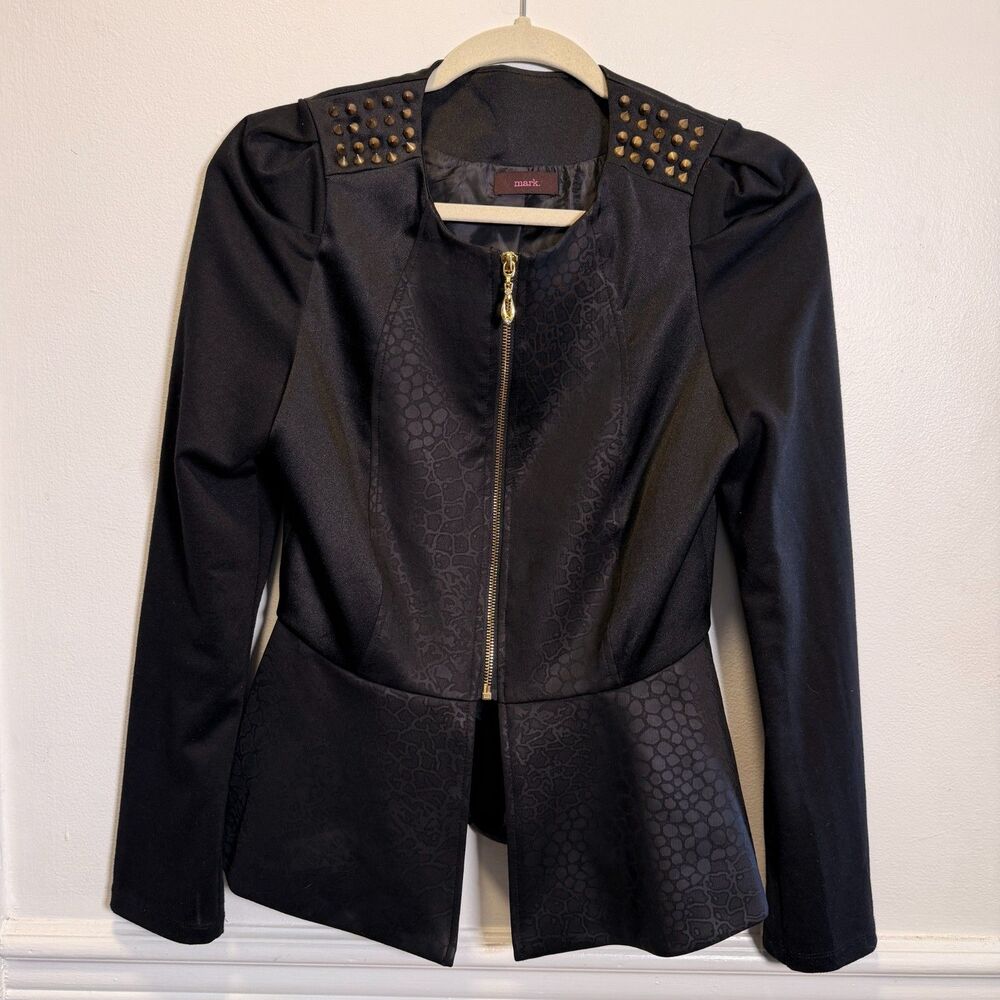 mark. by Avon L Black Peplum Jacket Gold Studded Reptile Moto Goth Zip